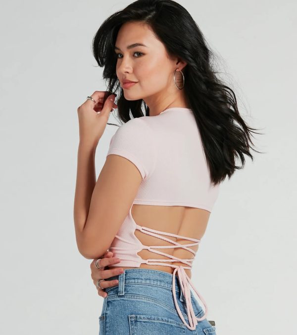Trendy Cutie Lace-Up Ribbed Smooth Knit Crop Top - Image 7