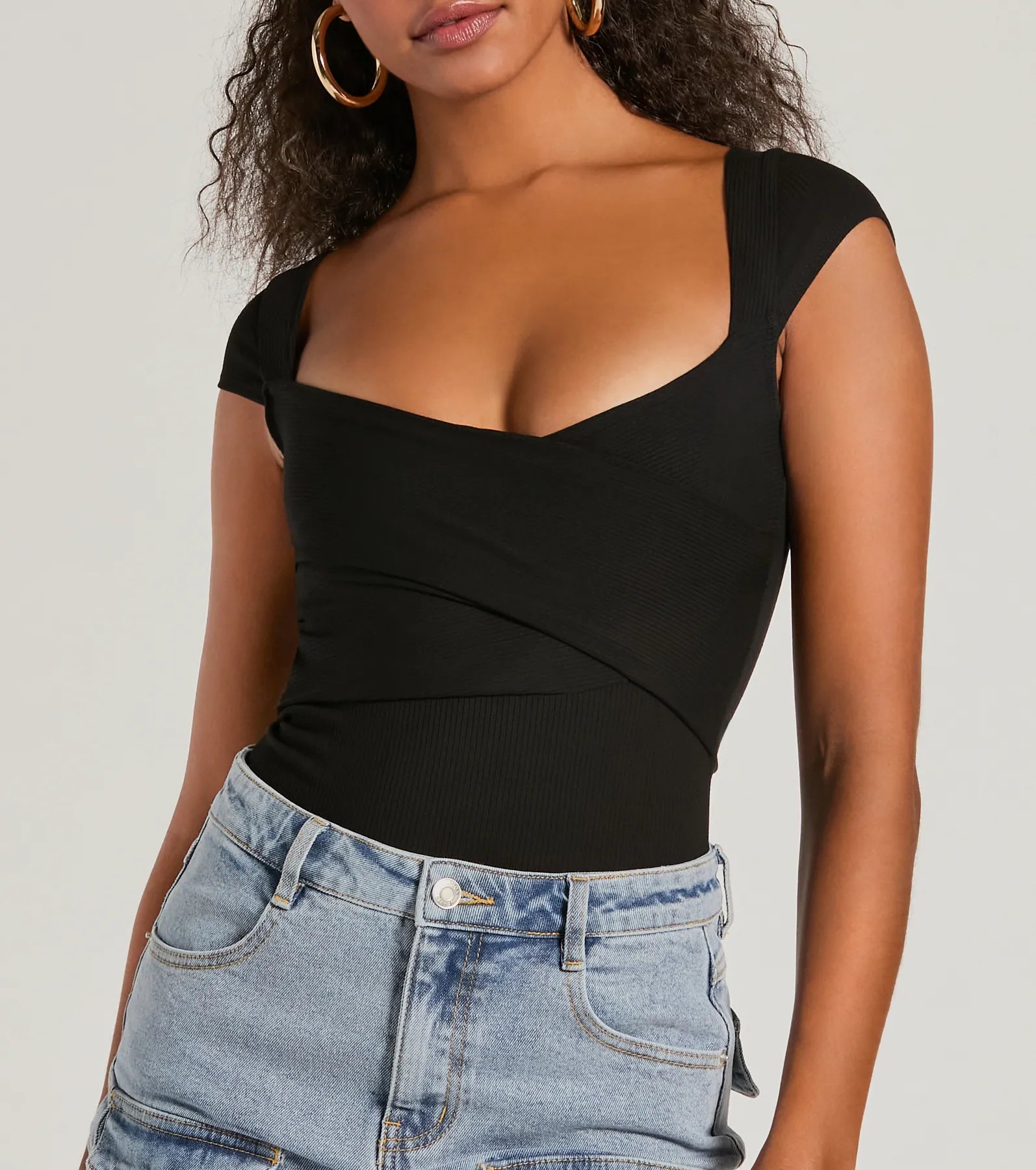 Sweet Traits Cap Sleeve Crisscross Rib Knit Bodysuit - Image 9