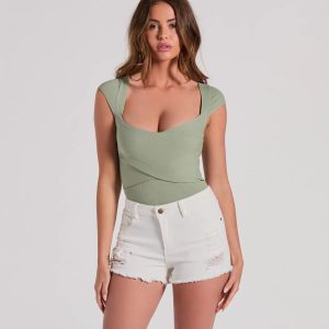 Sweet Traits Cap Sleeve Crisscross Rib Knit Bodysuit