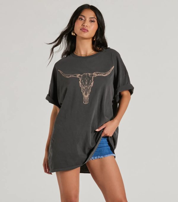 Giddy Up Cowgirl Longhorn Oversized Graphic Tee - Image 3