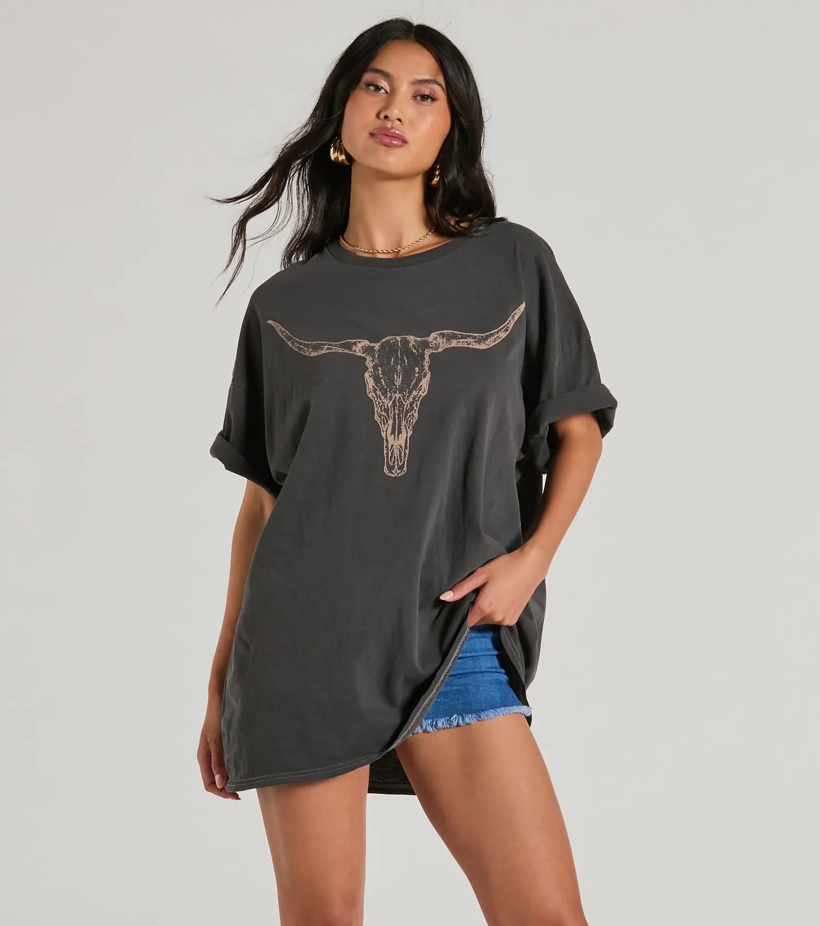Giddy Up Cowgirl Longhorn Oversized Graphic Tee - Image 3