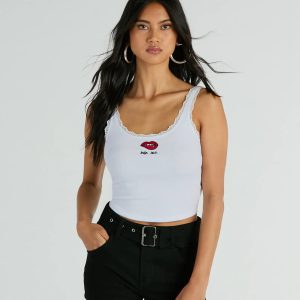Bite Me Lace Trim Scoop Neck Crop Tank Top