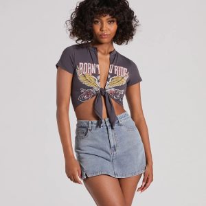 Born To Ride Short Sleeve Tie Front Graphic Tee