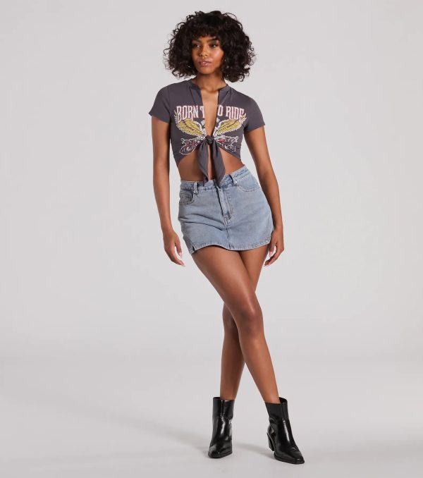 Born To Ride Short Sleeve Tie Front Graphic Tee - Image 3