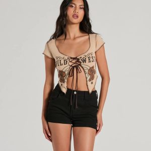 Wild West Showdown Lace-Up Graphic Crop Top