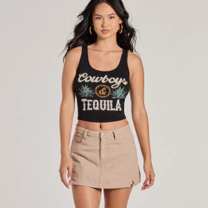 Cowboys And Tequila Sleeveless Graphic Crop Top
