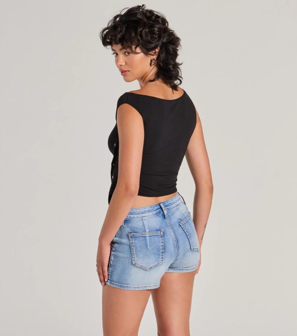 Minimal Aesthetic Off-Shoulder Button Crop Top - Image 3