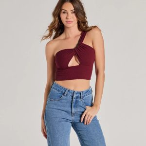 Here To Slay One-Shoulder Cutout Knit Crop Top
