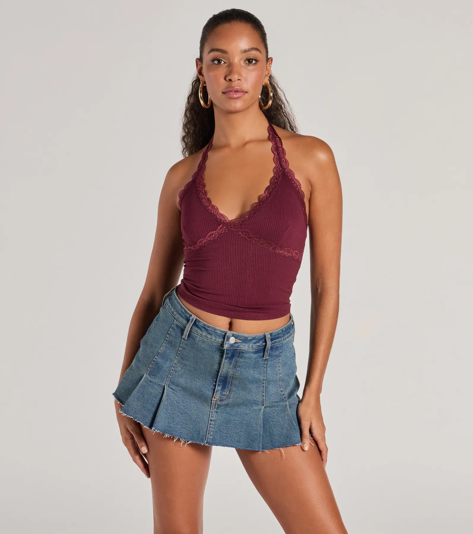 Adorably Trendy Lace Trim Knit Halter Top - Image 5