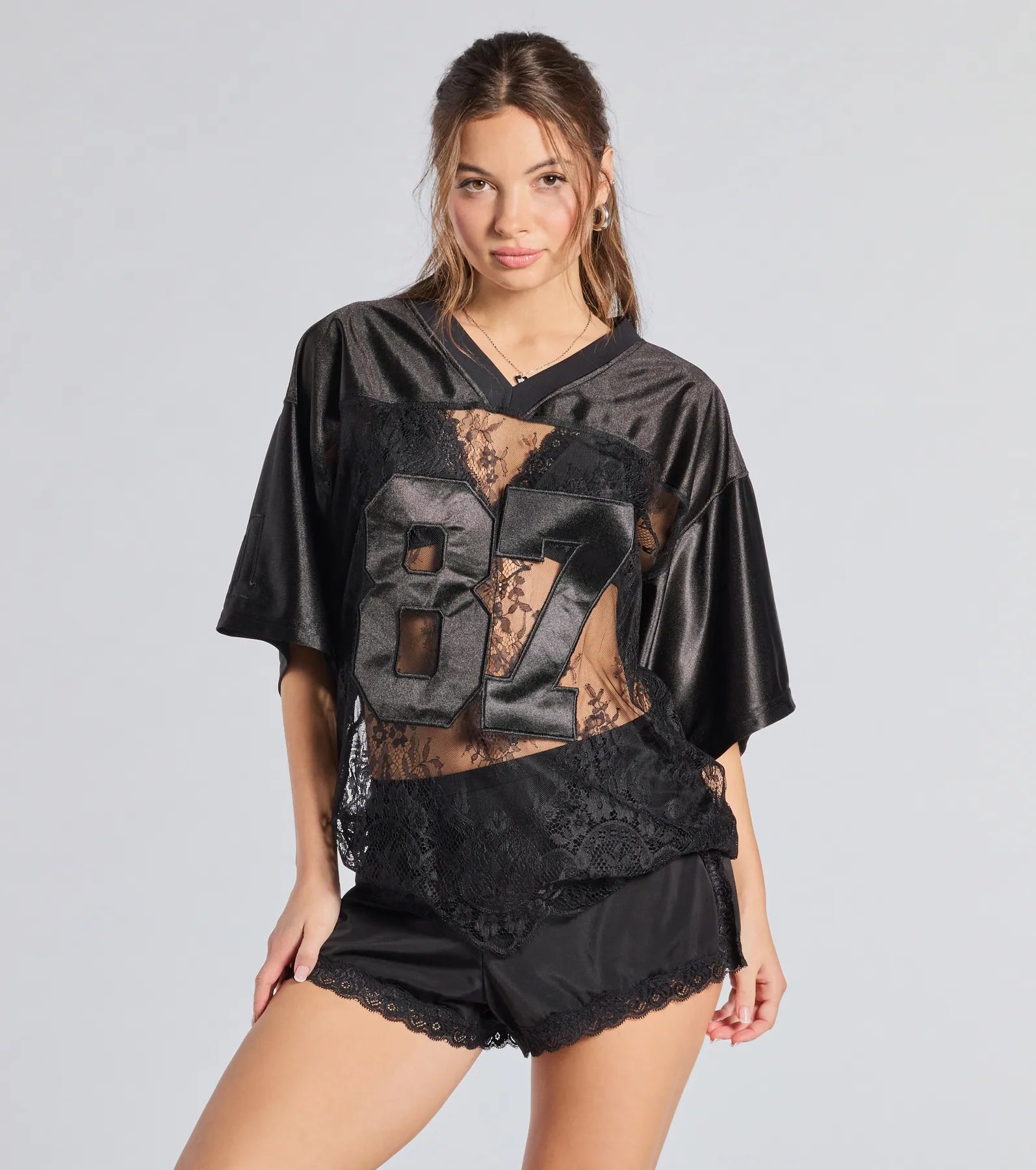 Sporty Chic Lace V-Neck 87 Graphic Jersey Top - Image 2