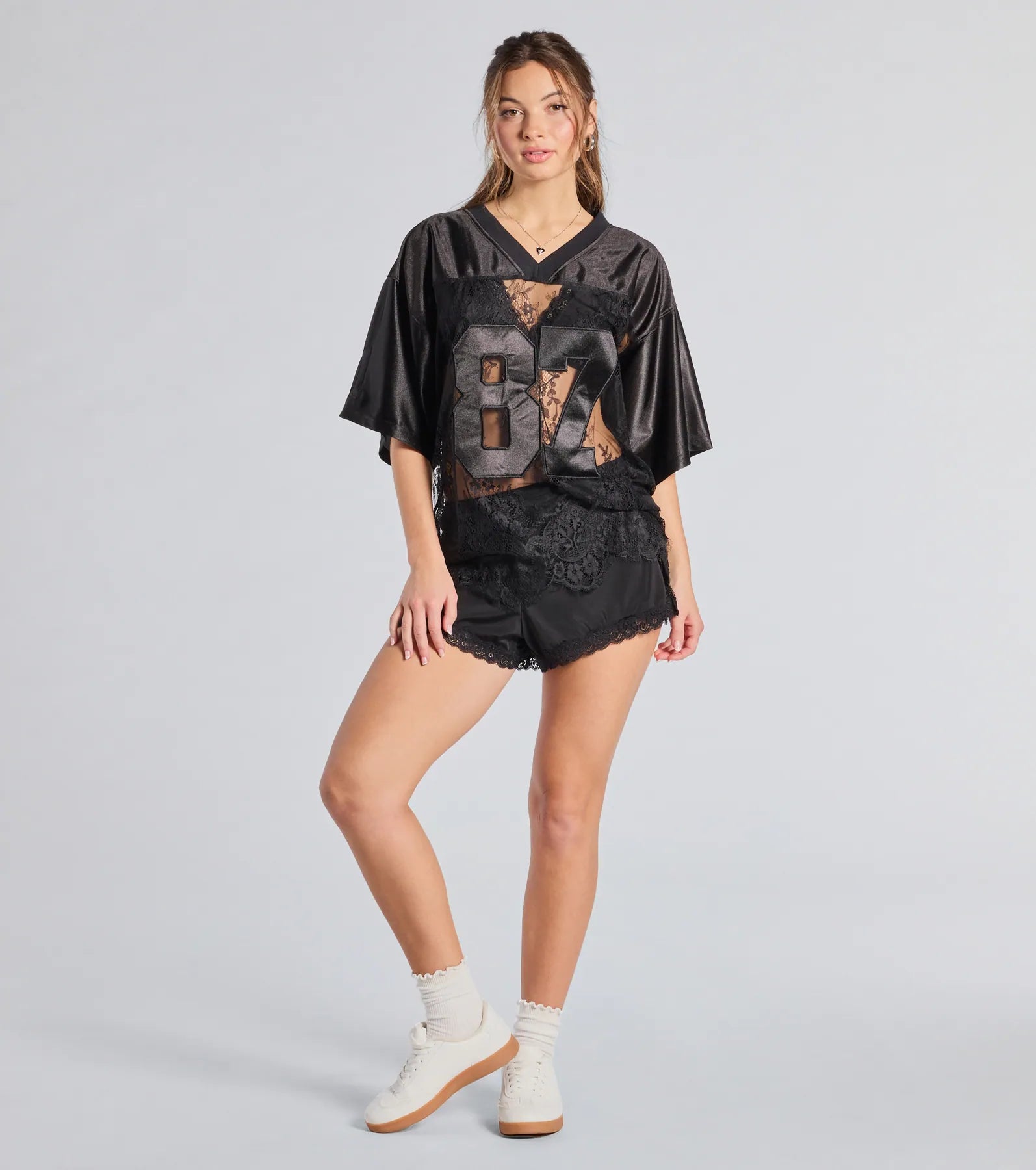 Sporty Chic Lace V-Neck 87 Graphic Jersey Top - Image 4