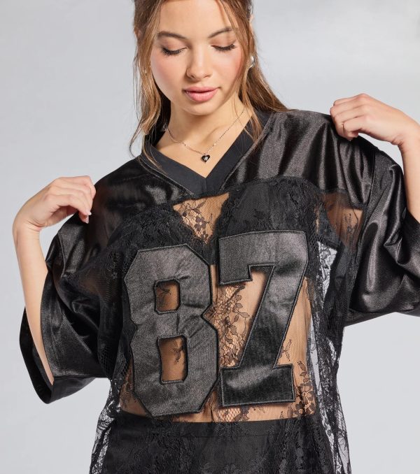 Sporty Chic Lace V-Neck 87 Graphic Jersey Top - Image 5