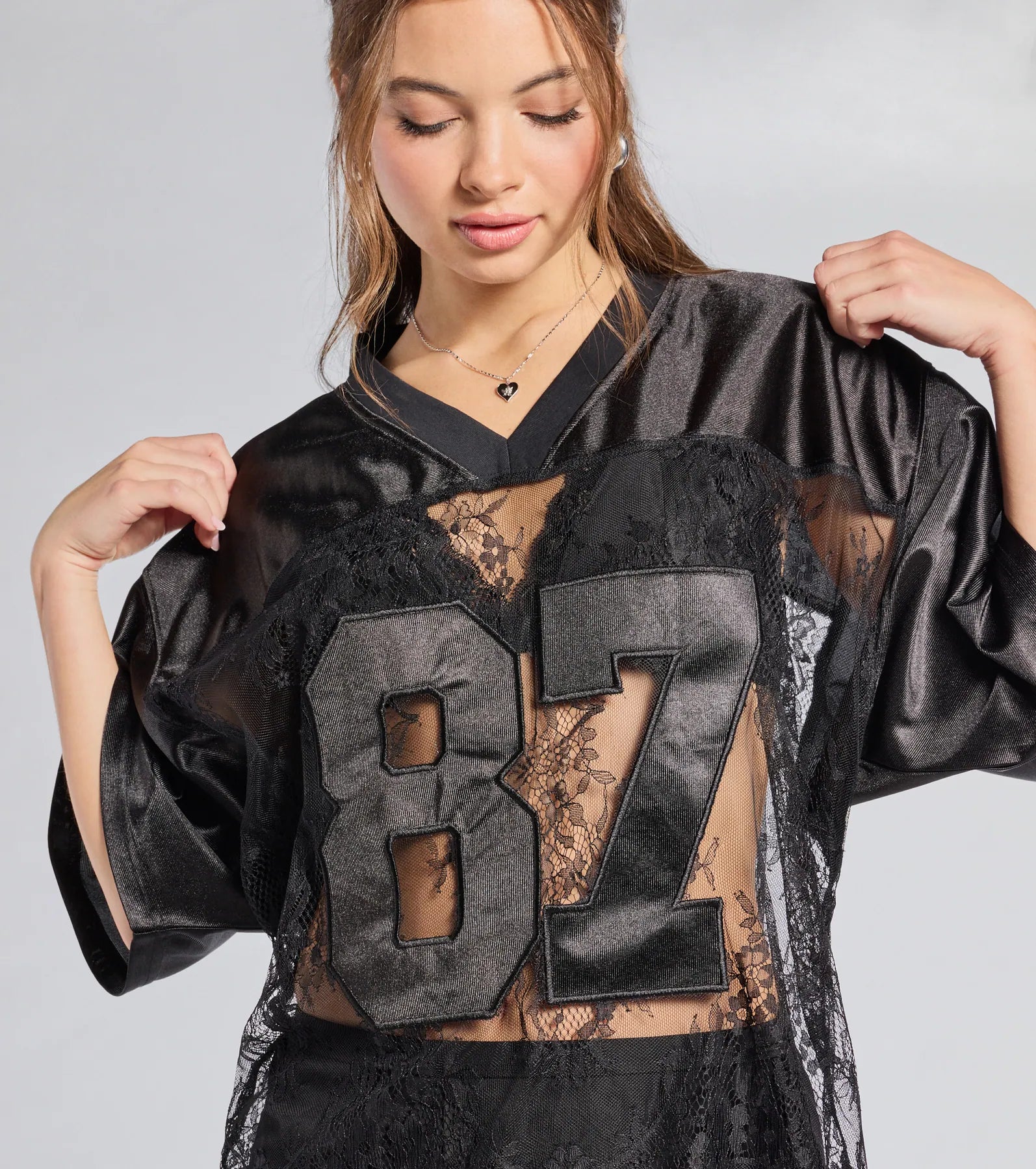 Sporty Chic Lace V-Neck 87 Graphic Jersey Top - Image 5