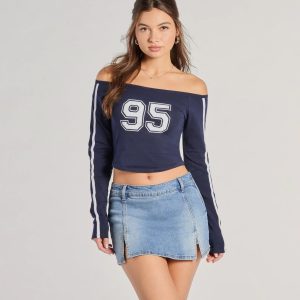 95 Graphic Off-The-Shoulder Striped Crop Top