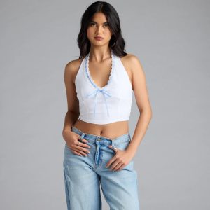 Undeniable Charm Gingham Ribbon Halter Crop Top