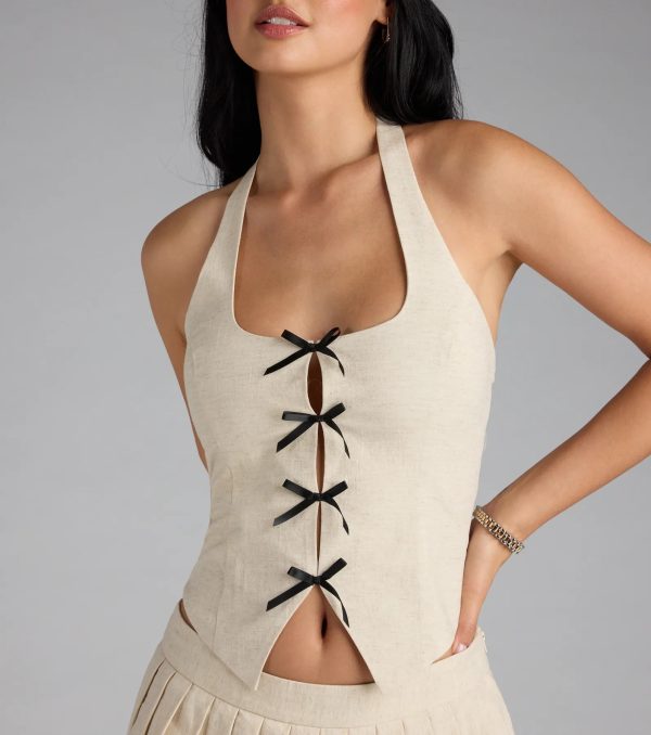 Adorably Chic Bow-Trim Linen Halter Top - Image 4
