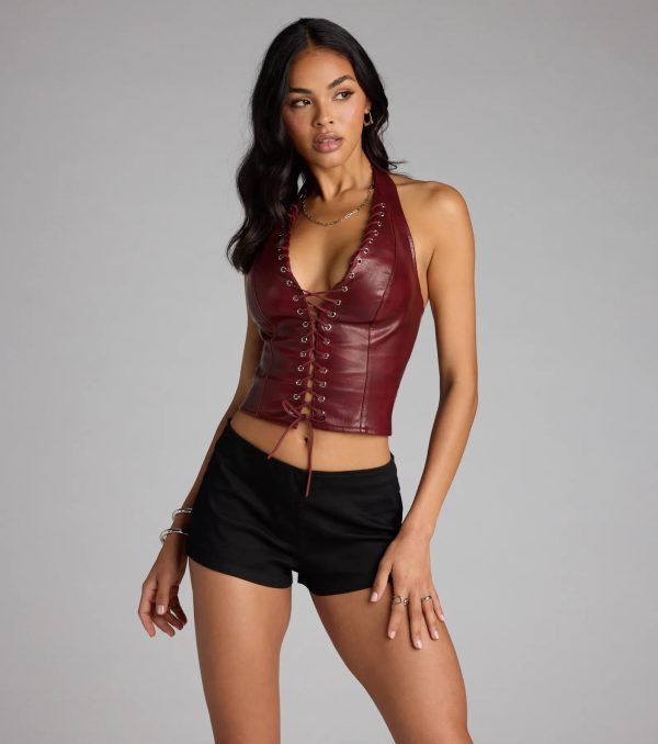 Alluring Edge Faux Leather Lace-Up Halter Top - Image 10