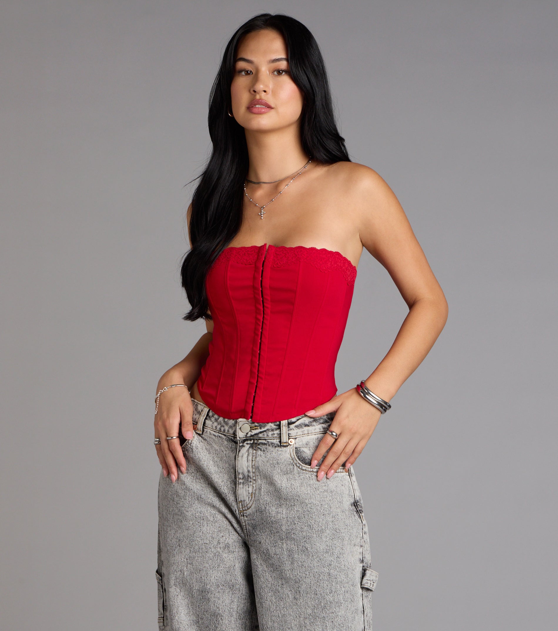 Chic And Snatched Strapless Lace Trim Corset Top - Image 29
