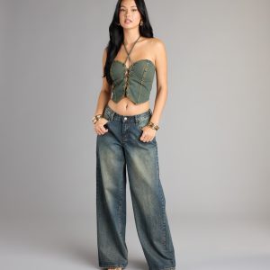 Lace Me Up Strapless Denim Halter Top
