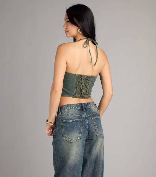 Lace Me Up Strapless Denim Halter Top - Image 2