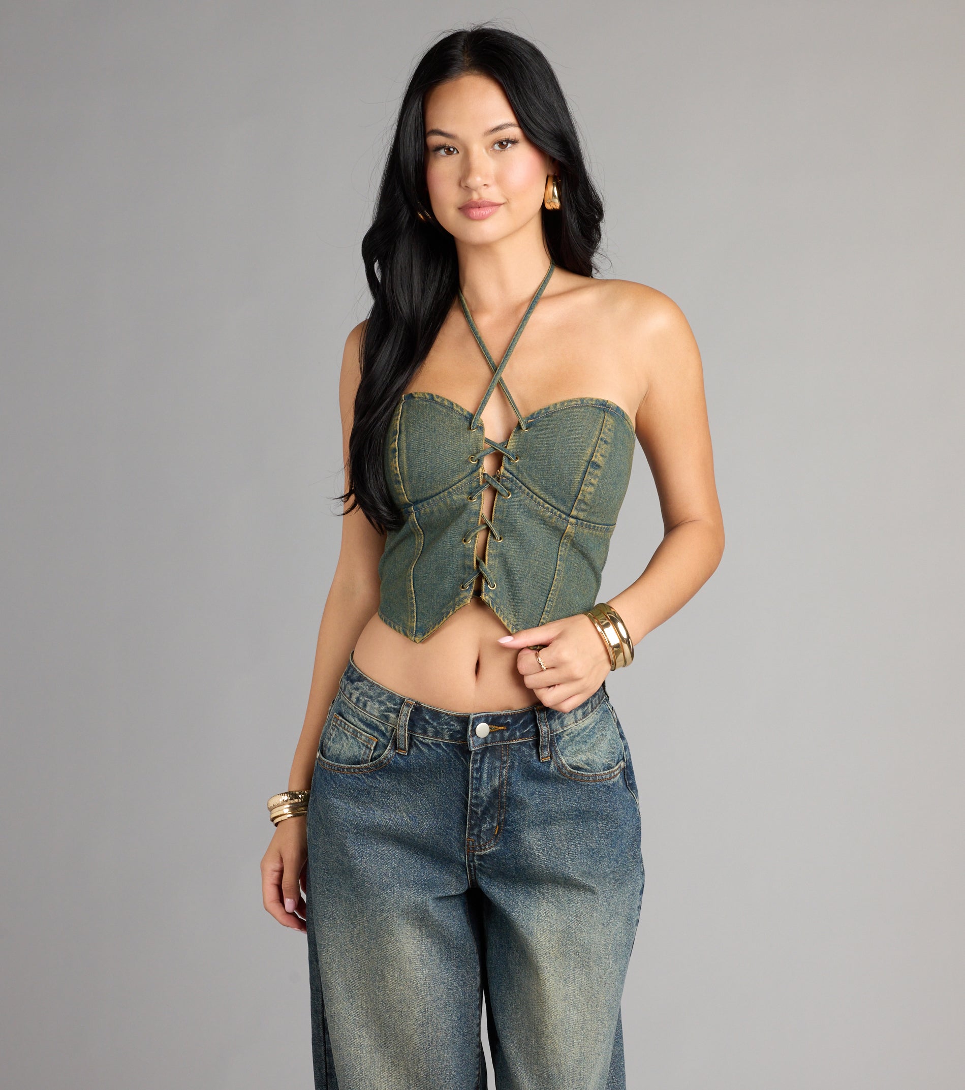 Lace Me Up Strapless Denim Halter Top - Image 3