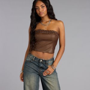Laced Up Faux Leather Tube Top