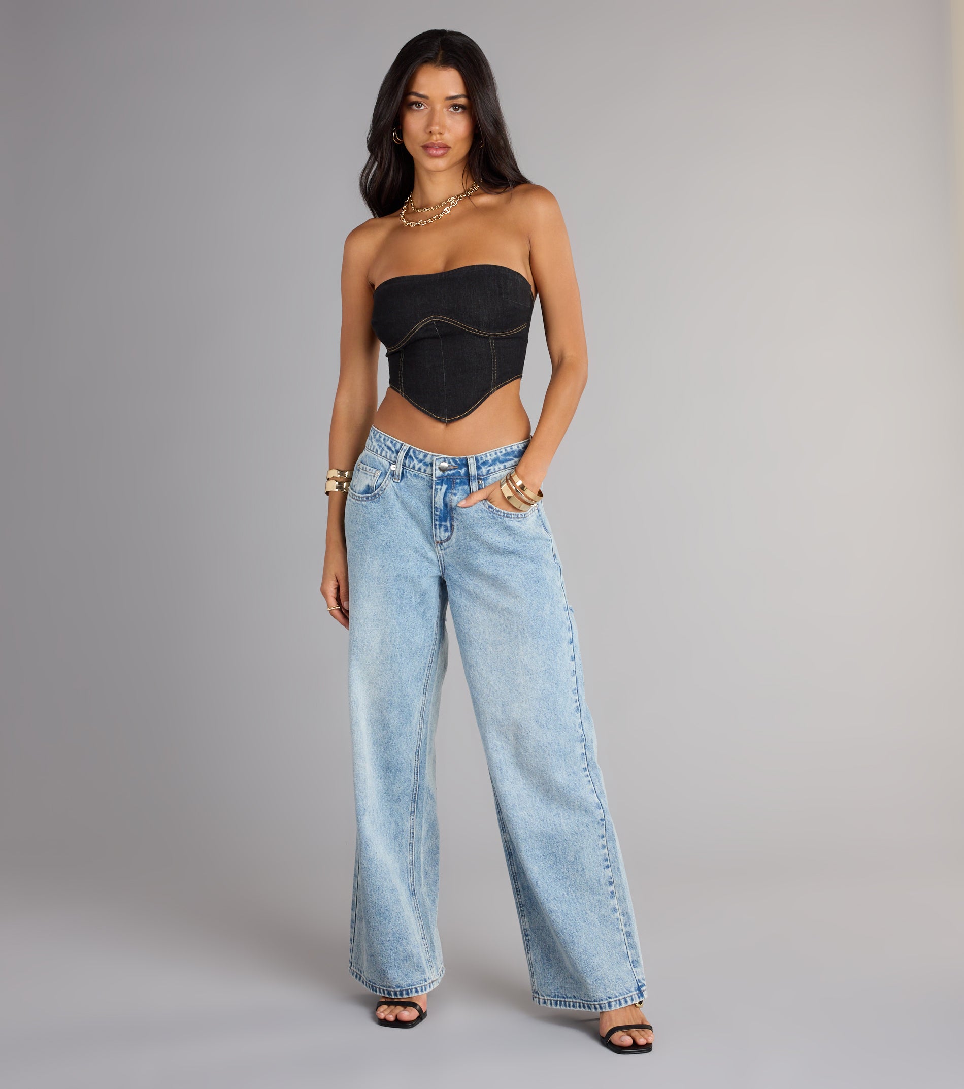 Trendy Girl Denim Strapless Corset Crop Top - Image 3
