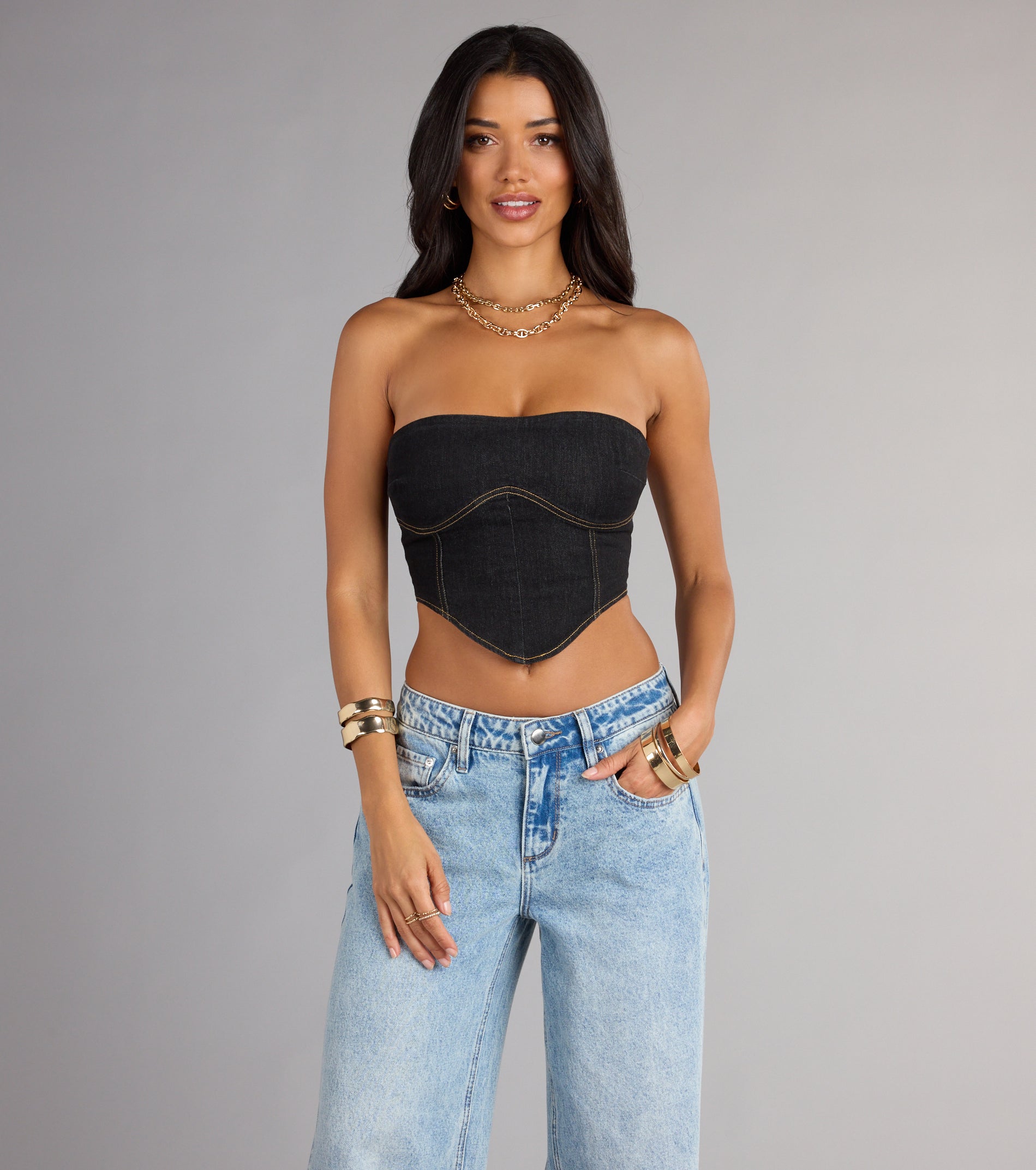 Trendy Girl Denim Strapless Corset Crop Top - Image 4