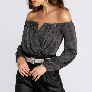 Off The Shoulder Glitter Knit Bodysuit