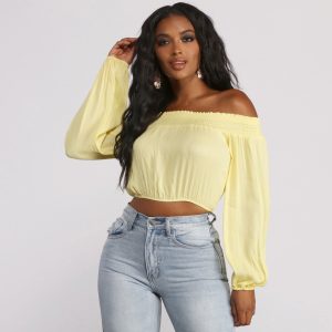 Off The Shoulder Long Sleeve Gauze Crop Top