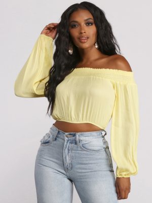 Off The Shoulder Long Sleeve Gauze Crop Top