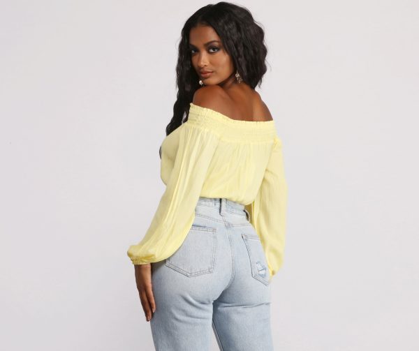 Off The Shoulder Long Sleeve Gauze Crop Top - Image 2