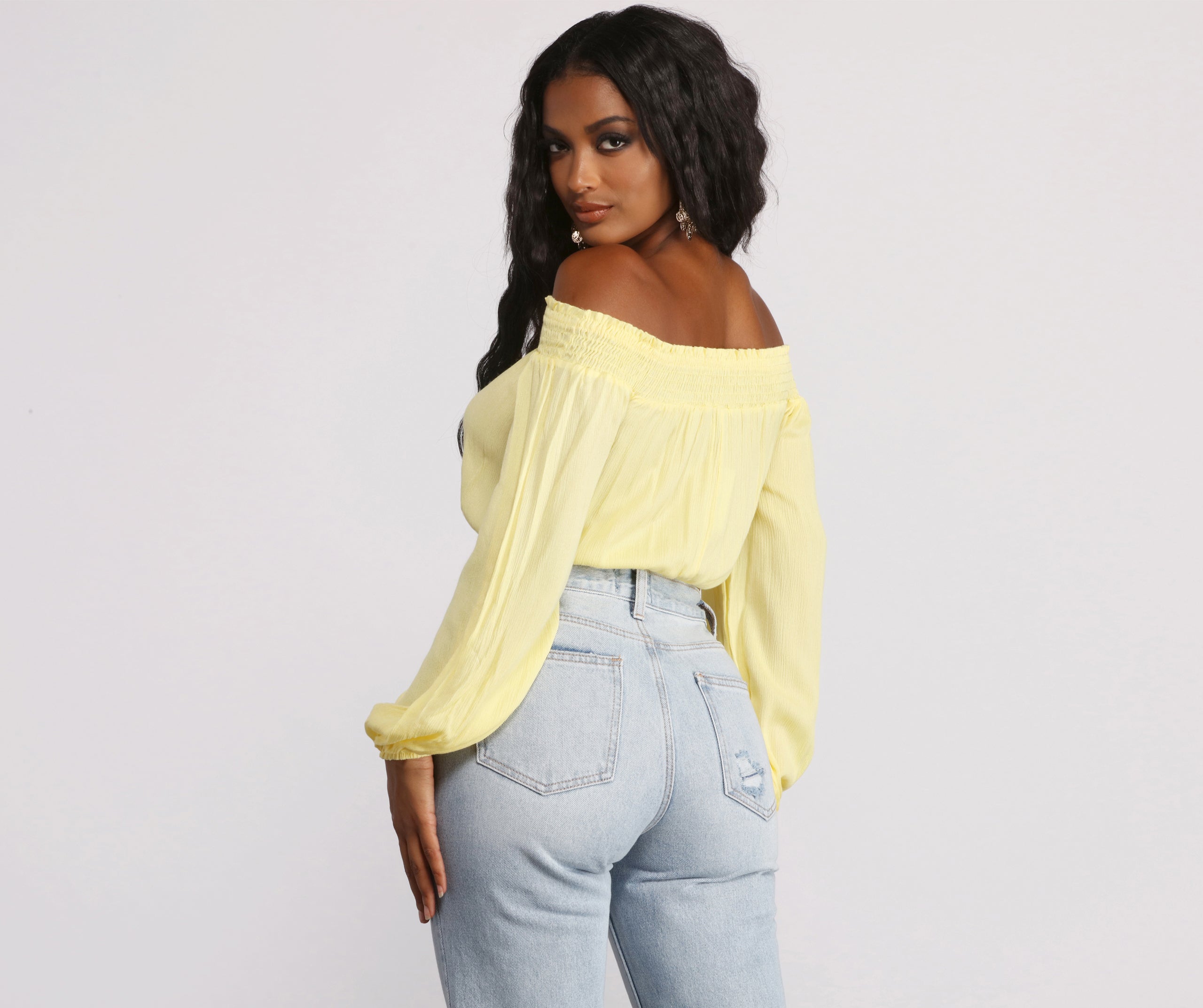 Off The Shoulder Long Sleeve Gauze Crop Top - Image 2