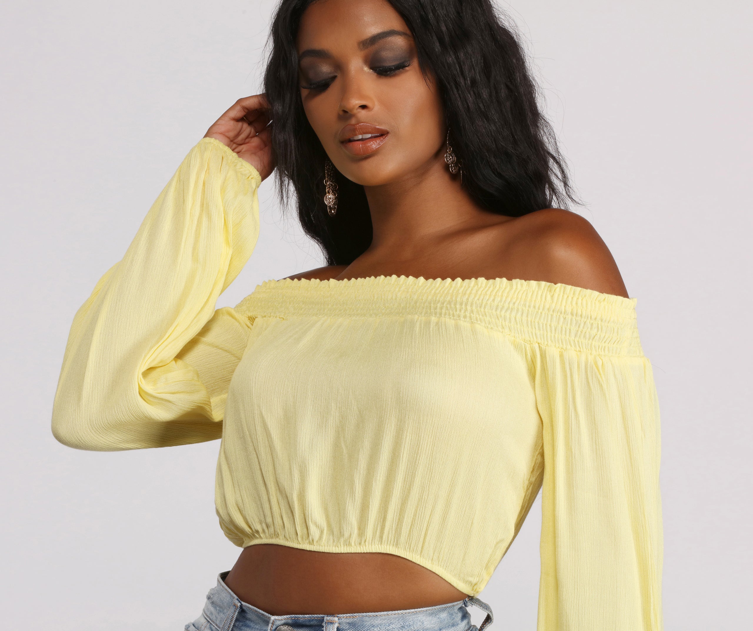 Off The Shoulder Long Sleeve Gauze Crop Top - Image 3