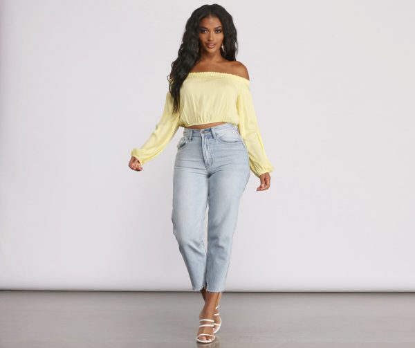 Off The Shoulder Long Sleeve Gauze Crop Top - Image 4