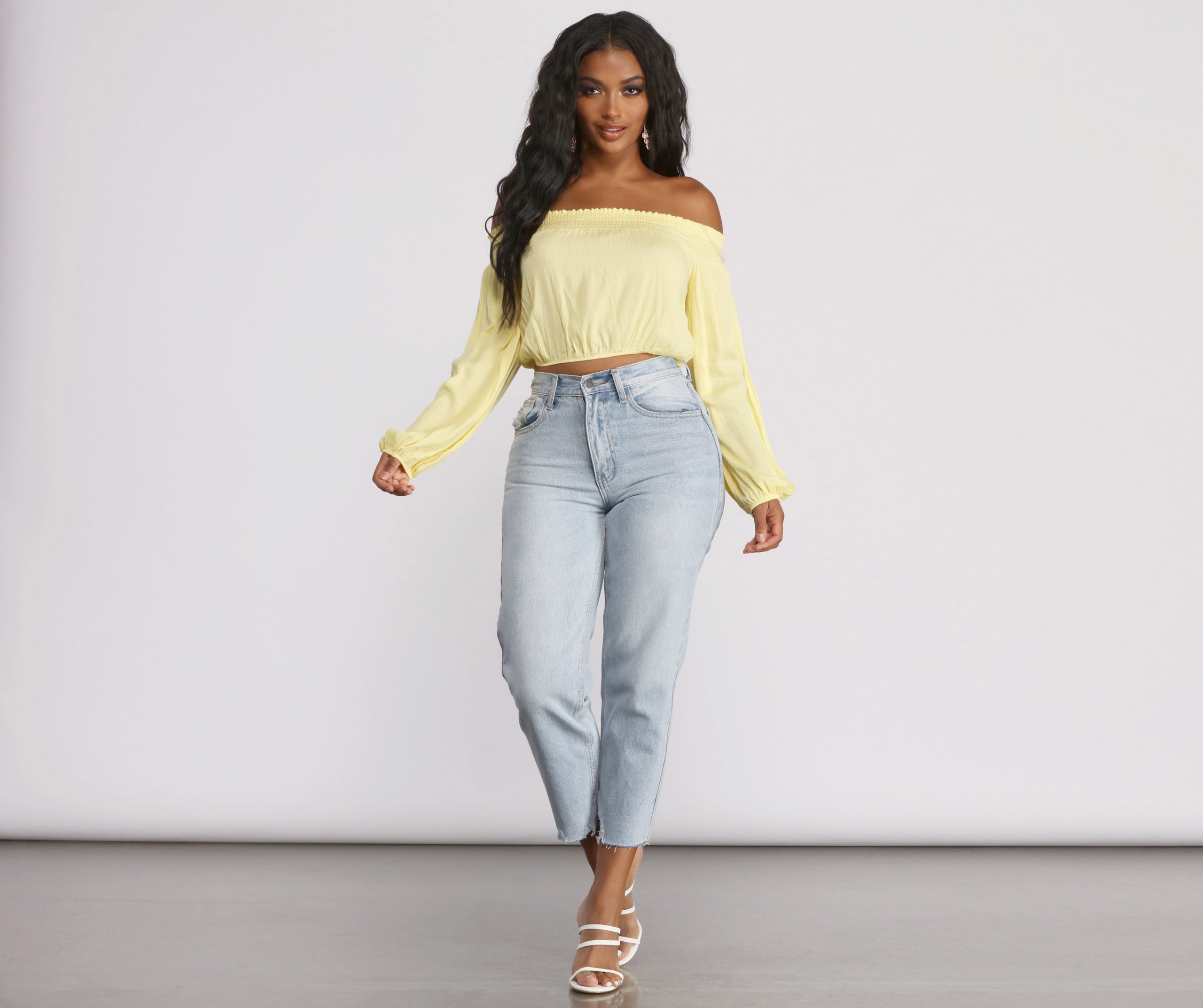 Off The Shoulder Long Sleeve Gauze Crop Top - Image 4