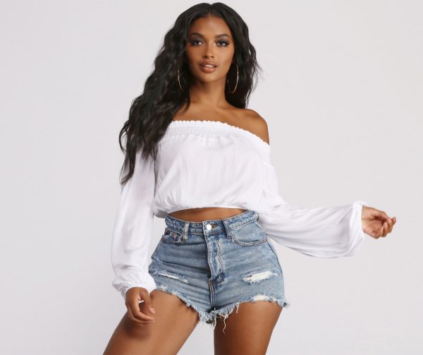 Off The Shoulder Long Sleeve Gauze Crop Top - Image 9
