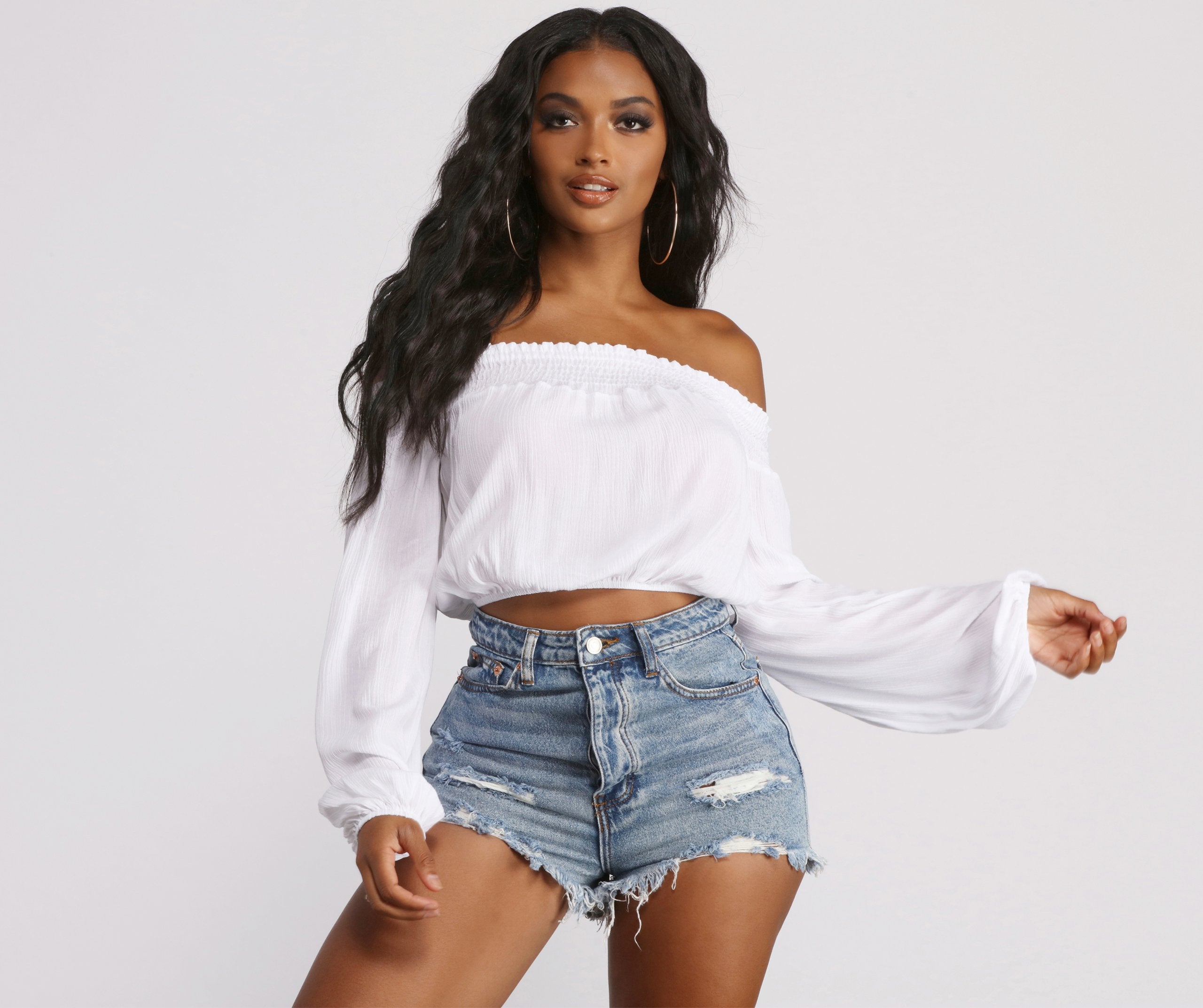 Off The Shoulder Long Sleeve Gauze Crop Top - Image 9