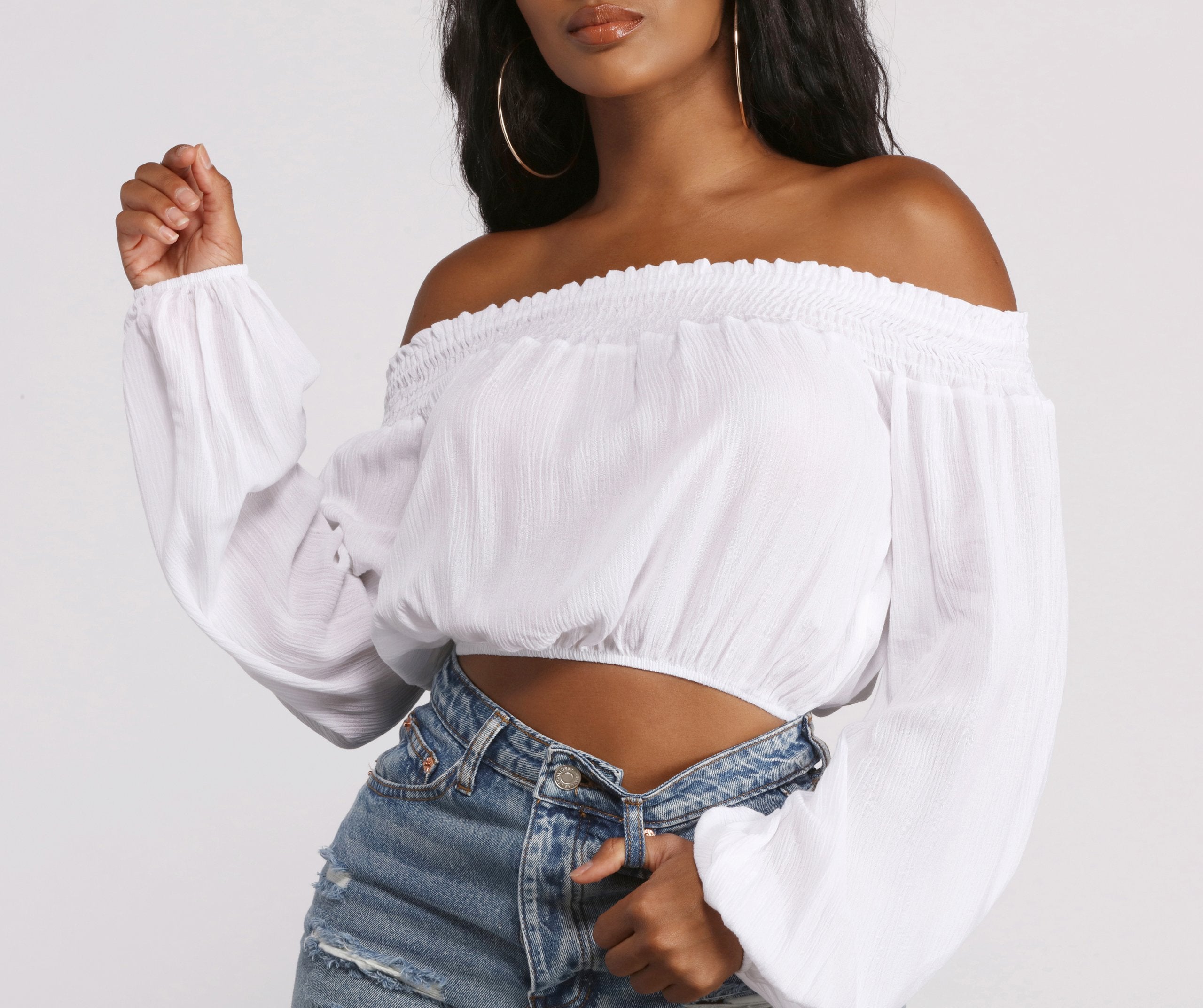 Off The Shoulder Long Sleeve Gauze Crop Top - Image 11