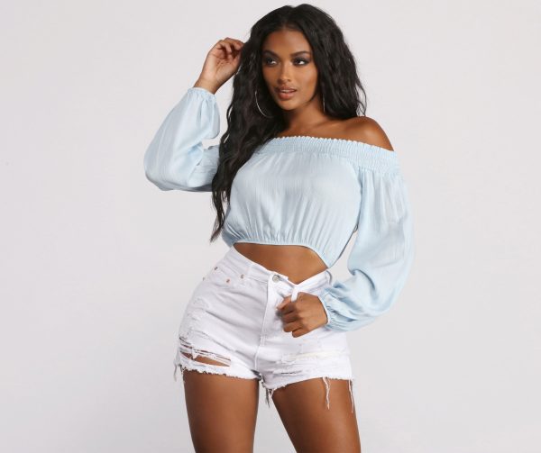 Off The Shoulder Long Sleeve Gauze Crop Top - Image 5