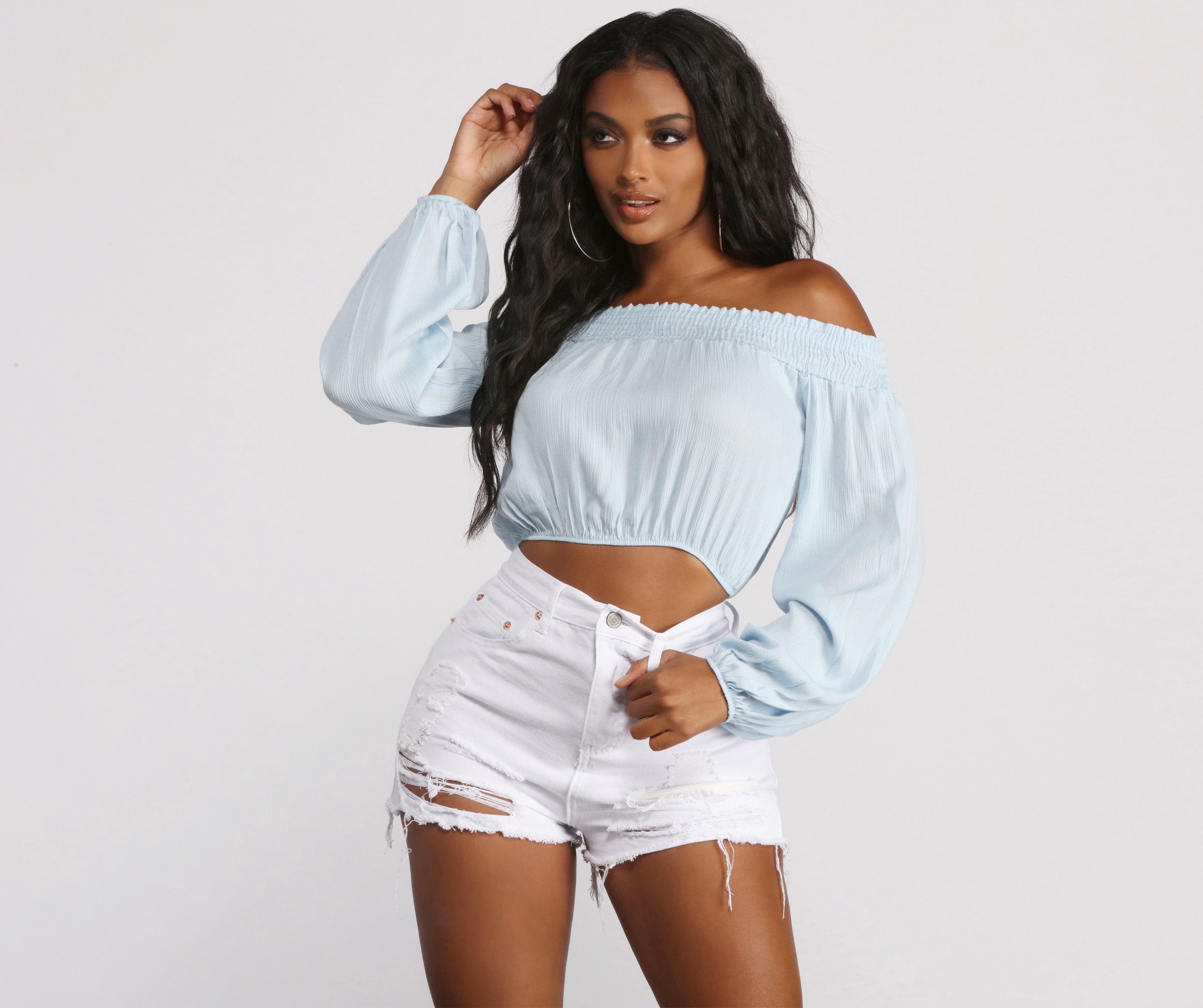 Off The Shoulder Long Sleeve Gauze Crop Top - Image 5