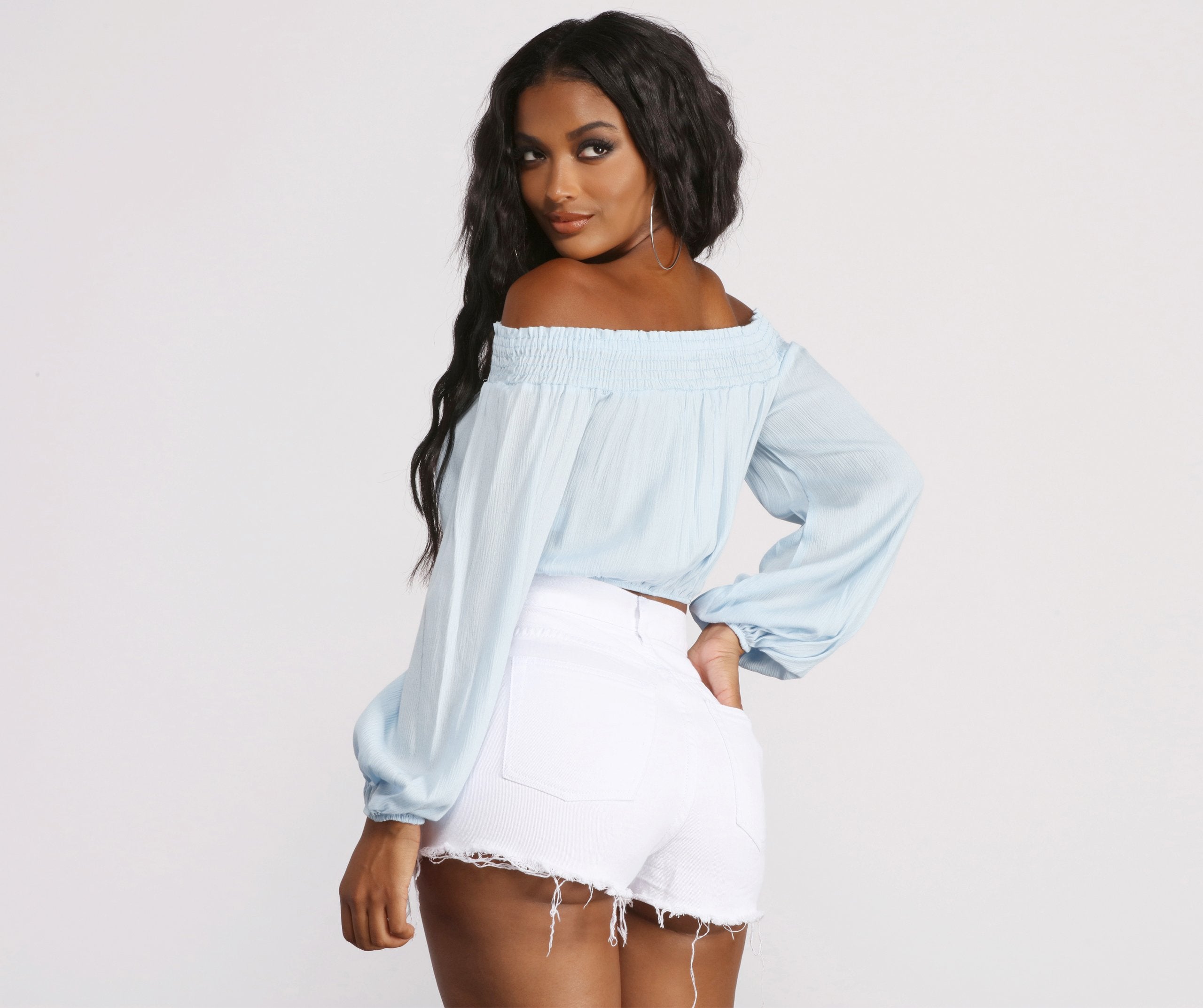 Off The Shoulder Long Sleeve Gauze Crop Top - Image 7