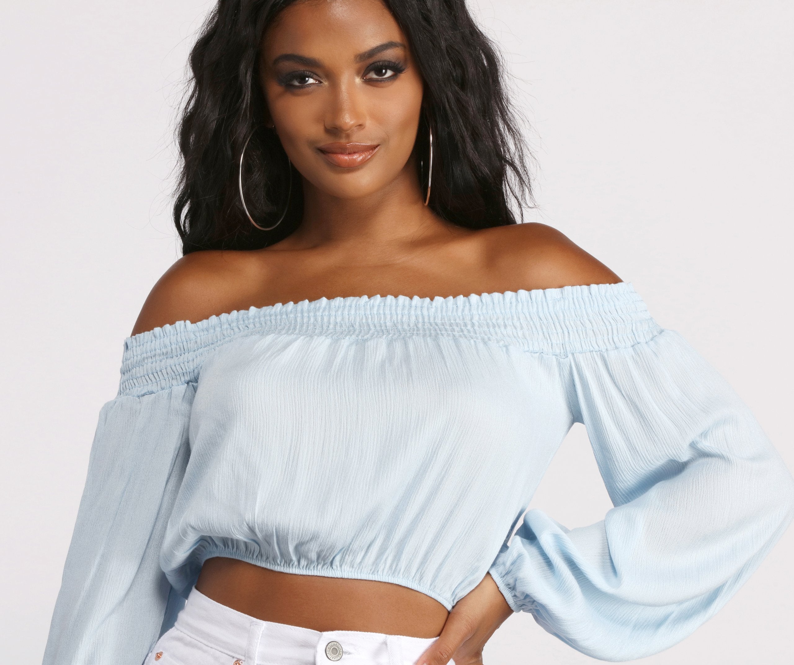 Off The Shoulder Long Sleeve Gauze Crop Top - Image 8