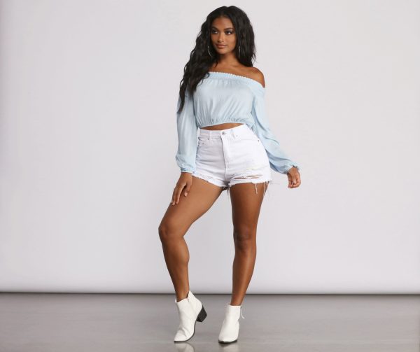 Off The Shoulder Long Sleeve Gauze Crop Top - Image 6