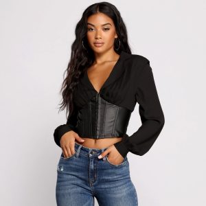 Stunning Satin and Faux Leather Corset Crop Top
