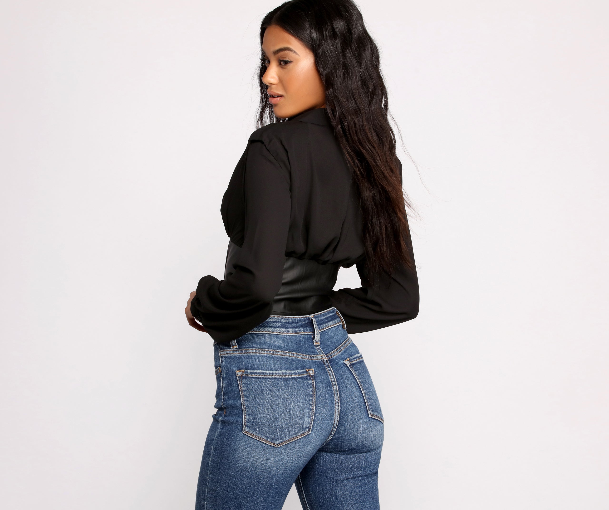 Stunning Satin and Faux Leather Corset Crop Top - Image 2