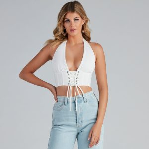 Lovin' It Lattice Linen Halter Top
