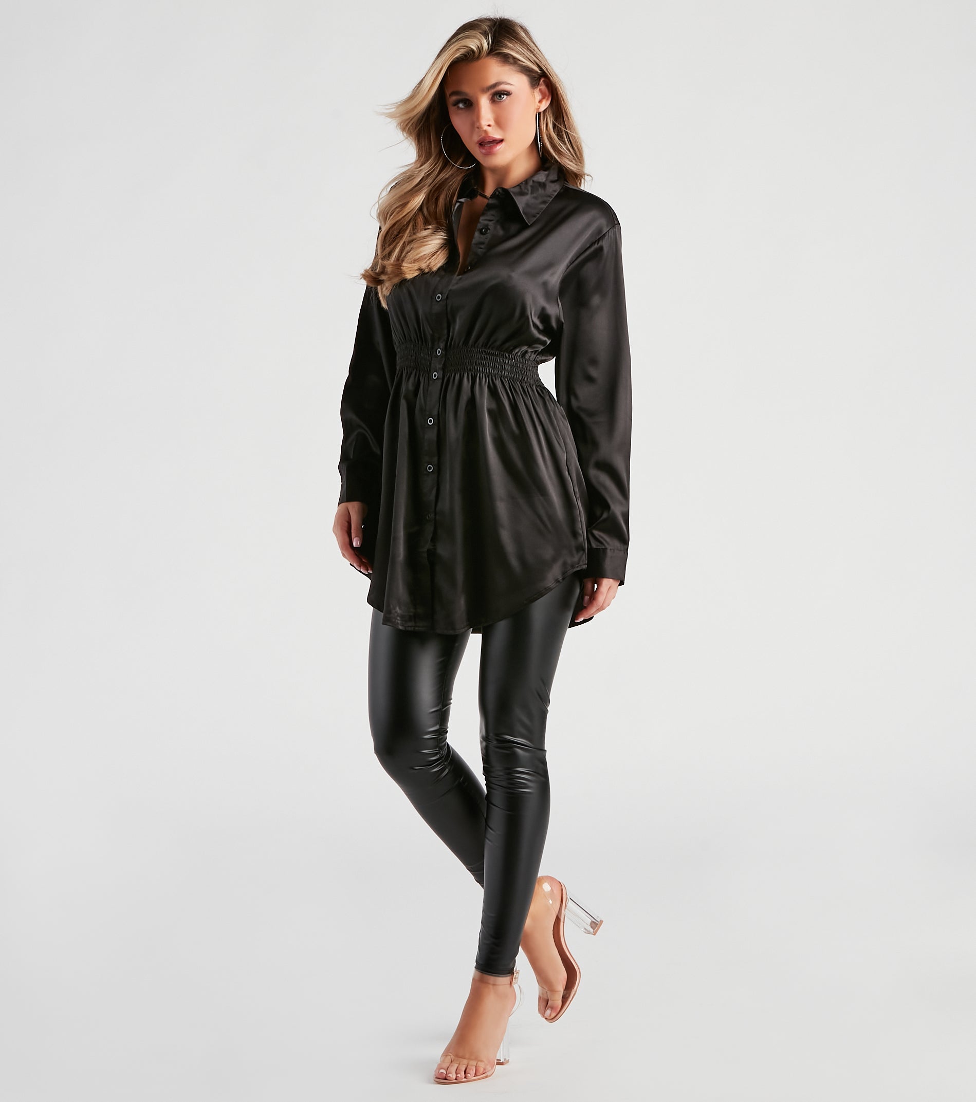 Fall Nights Satin Button-Up Short Dress - Image 10