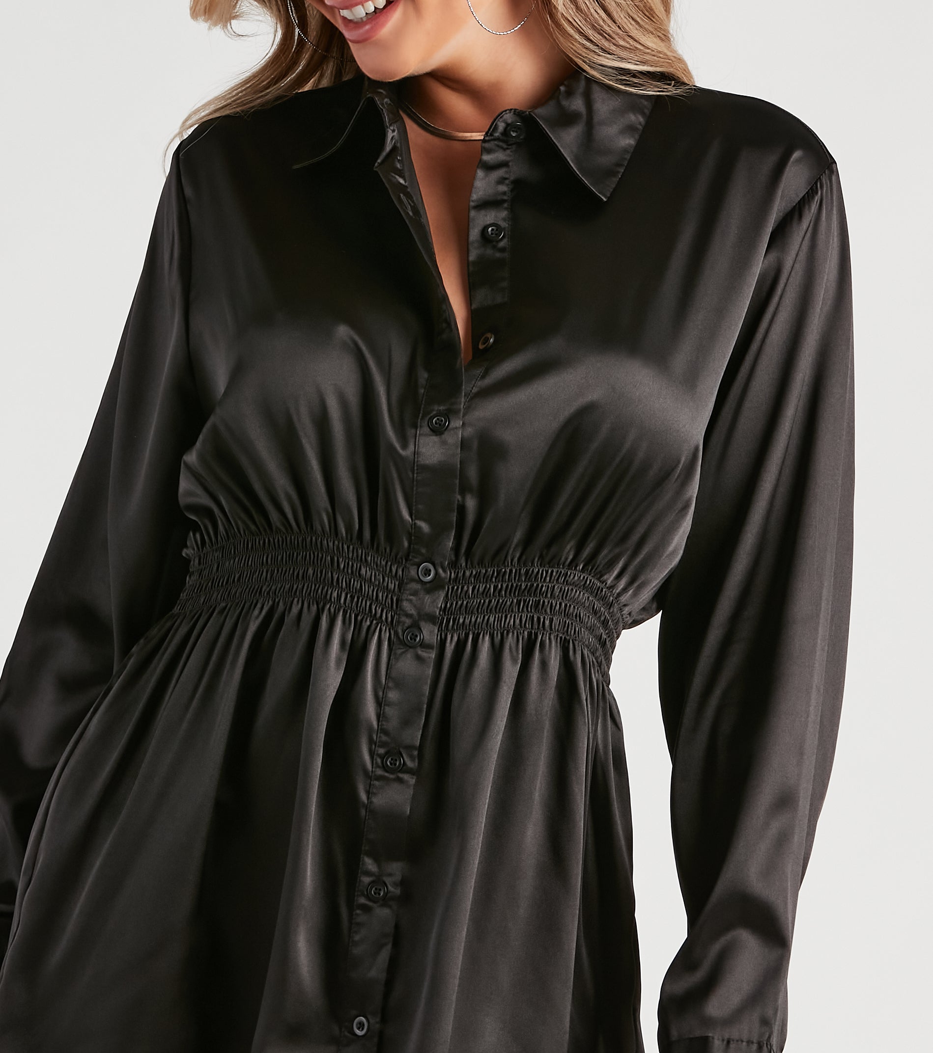 Fall Nights Satin Button-Up Short Dress - Image 14