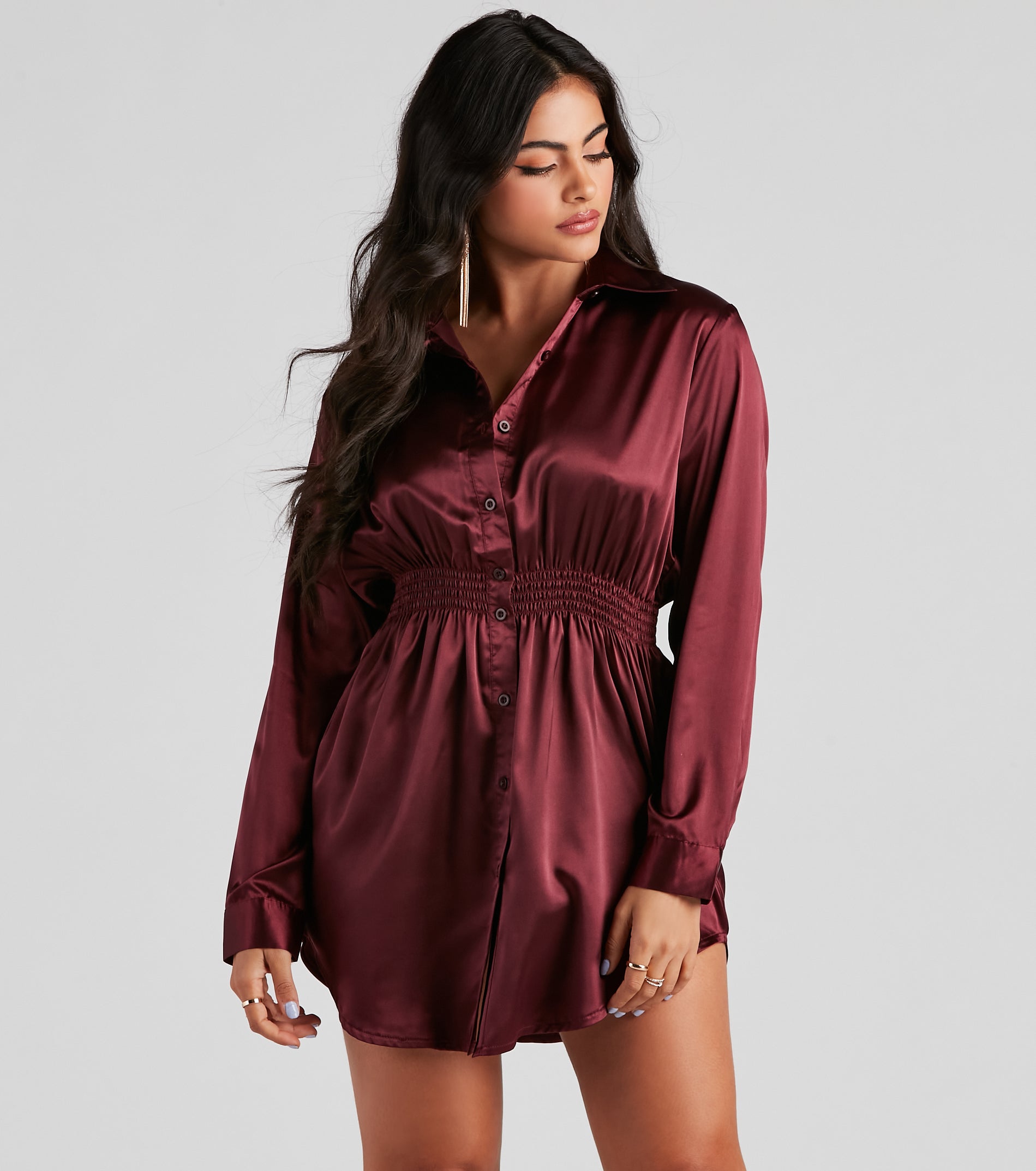 Fall Nights Satin Button-Up Short Dress - Image 6